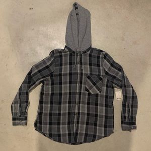 Mudd Gray Plaid Flannel Button Down Hoodie XL